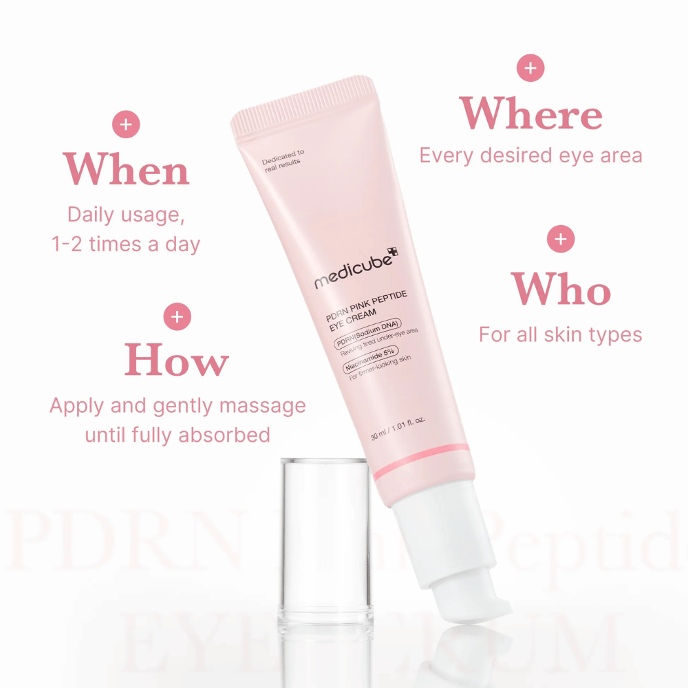 Medicube PDRN Pink Peptide Eye Cream, 30 ml tube. Oogcrème met PDRN en 5% niacinamide. Gebruik 1-2 keer per dag rond de ogen. Geschikt voor alle huidtypes.