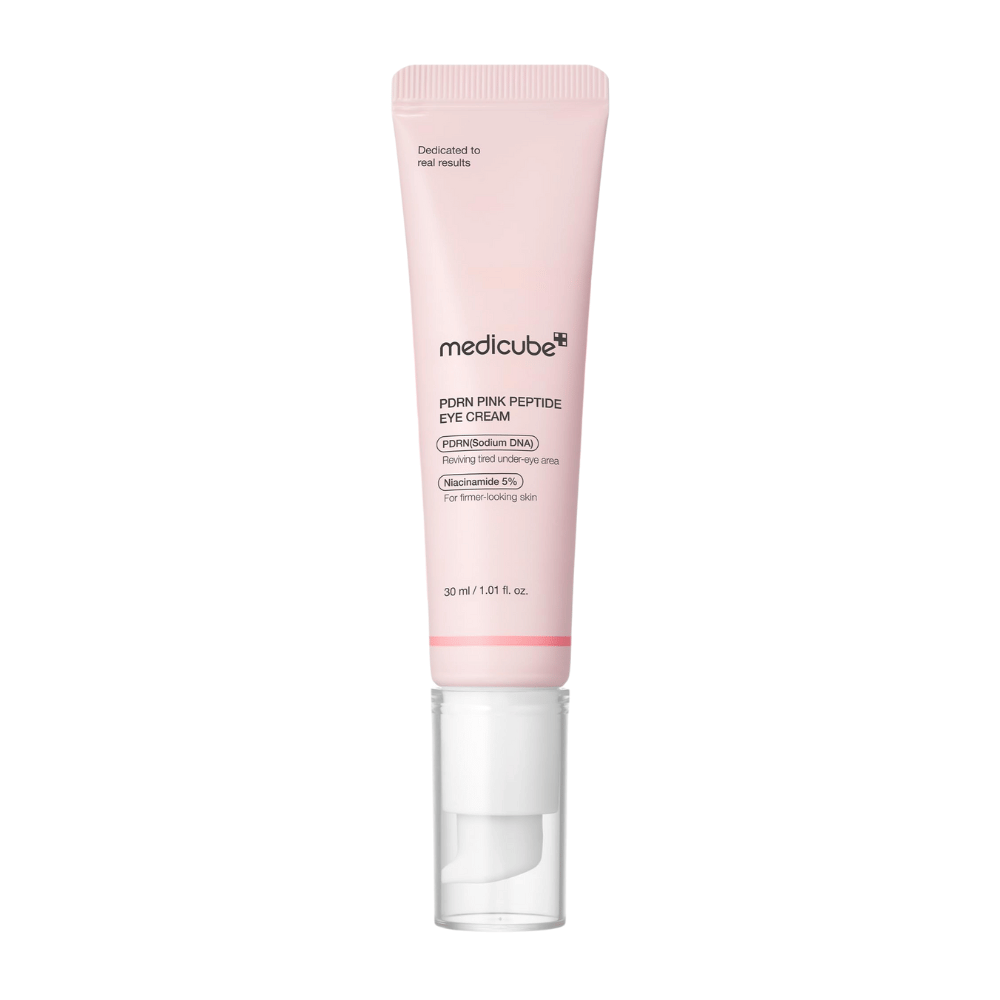 Medicube PDRN Pink Peptide Eye Cream in roze tube, 30 ml. Oogcrème met PDRN en 5% niacinamide die vermoeide huid onder de ogen opfrist en een steviger indruk geeft.