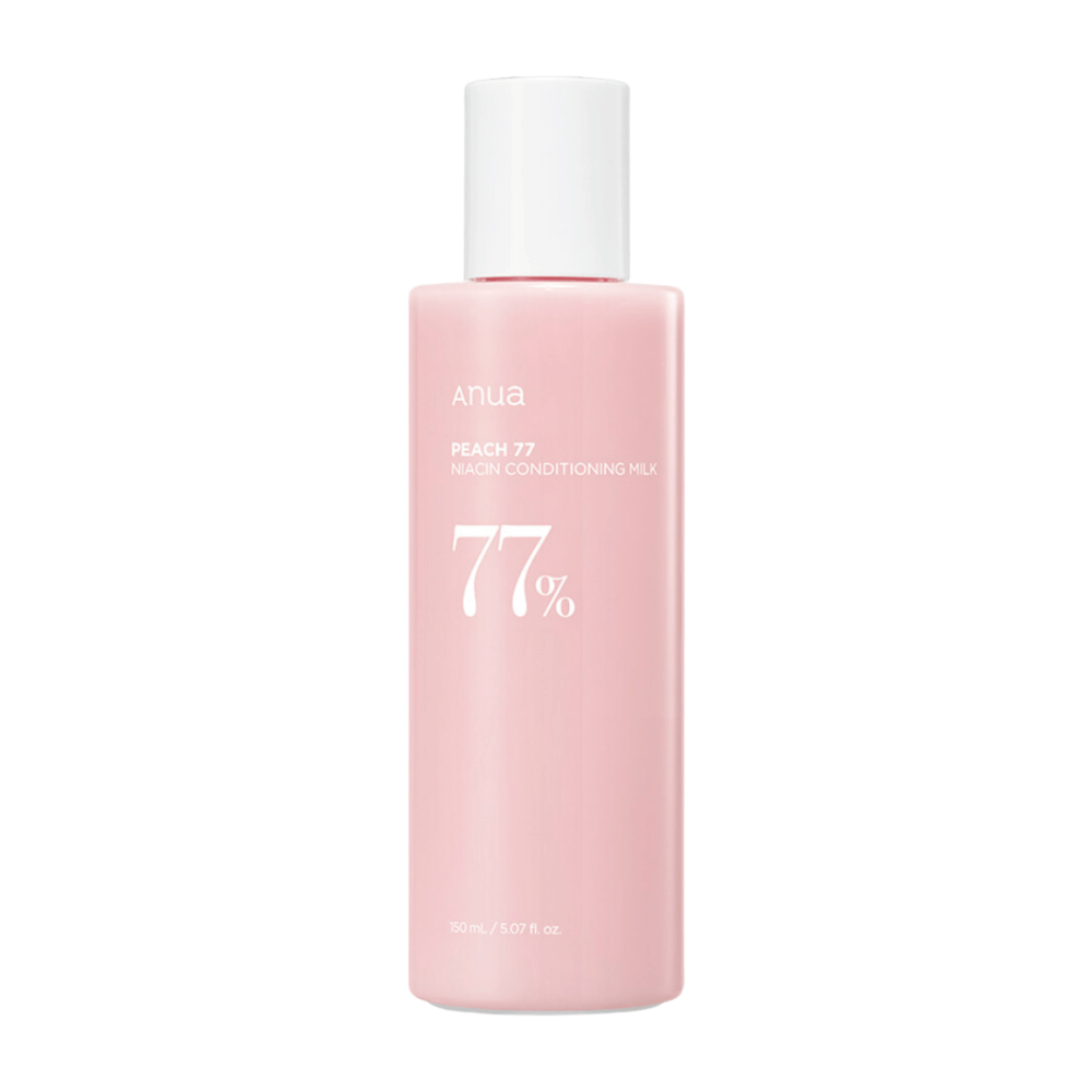 De afbeelding toont ANUA Peach 77% Niacin Conditioning Milk, een huidverzorgingsproduct dat 77% perzik en niacinamide bevat om de conditie van de huid te verbeteren.