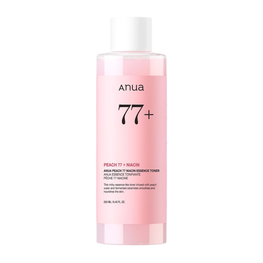 Anua Peach 77 Niacin Essence Toner in een doorzichtige roze fles met witte dop, bevat 250 ml melkachtige toner voor een egalere huidtint en glans.