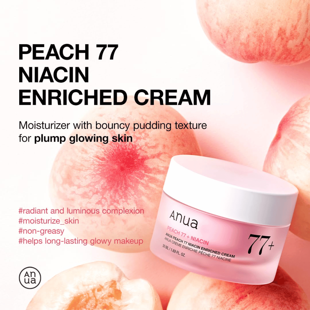 Anua Peach 77% Niacin Enriched Cream – puddingachtige vochtcrème die glans en volheid geeft met 77% perzikextract.