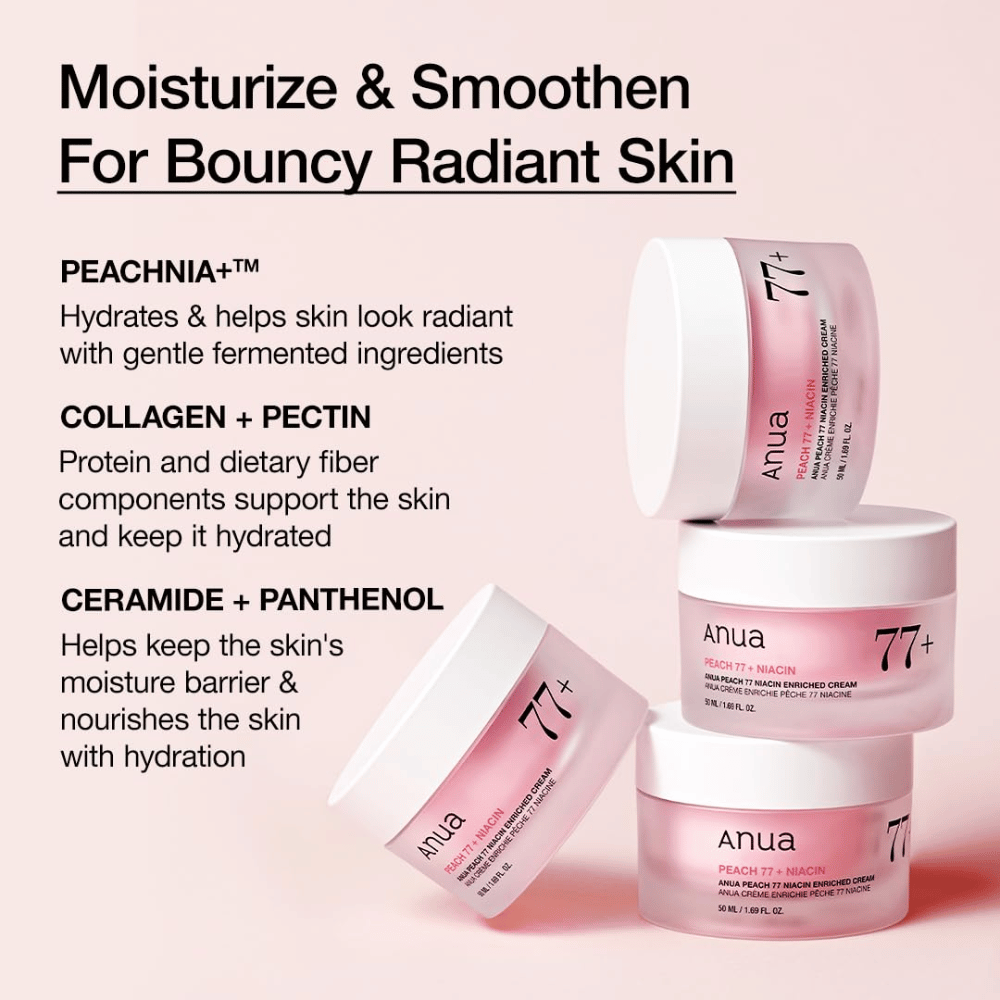 Anua Peach 77% Niacin Enriched Cream met PEACHNIA™, collageen, pectine, ceramide en panthenol voor gehydrateerde, soepele huid.