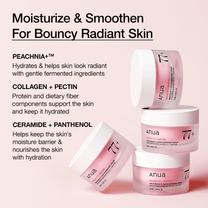 Anua Peach 77% Niacin Enriched Cream met PEACHNIA™, collageen, pectine, ceramide en panthenol voor gehydrateerde, soepele huid.
