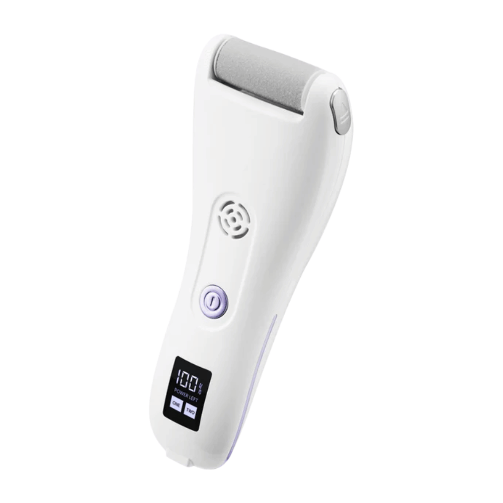 9. BAREN Pedi Mate Dual Power Vacuum Type Electric Callus Remover – witte oplaadbare elektrische voetvijl met digitaal display en paarse details