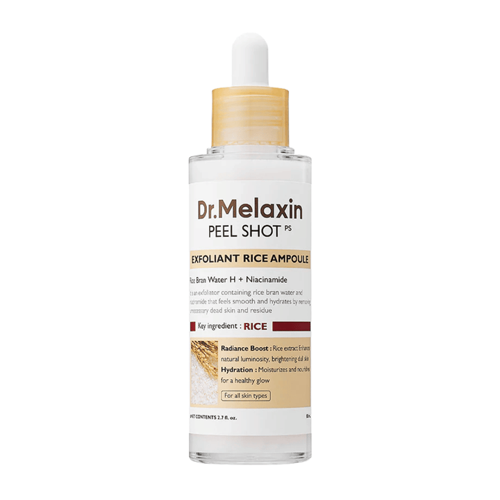 Dr.Melaxin Peel Shot Exfoliant Rice Ampoule in volledig beeld tegen een witte achtergrond, exfoliërend gezichtsserum met rijstextract en niacinamide voor een egalere huidtint en verhoogde gloed.