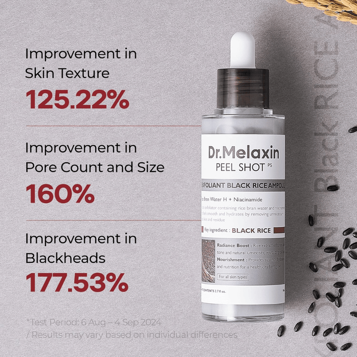 Dr.Melaxin Peel Shot Black Rice Ampoule verbetert huidstructuur, vermindert poriën en reduceert mee-eters