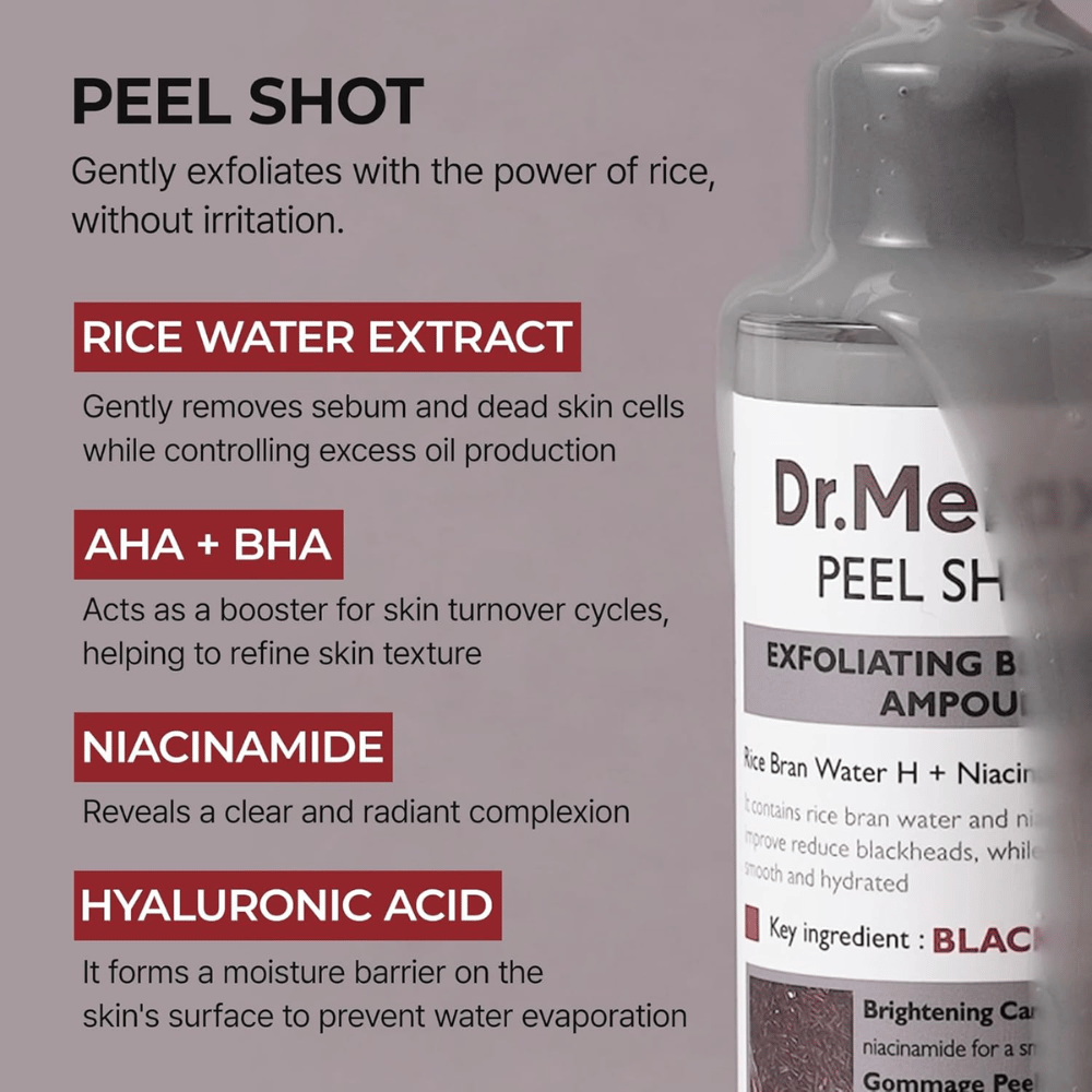 Dr.Melaxin Peel Shot Black Rice Ampoule met rijstwaterextract, AHA BHA, niacinamide en hyaluronzuur voor exfoliatie en porieverfijning