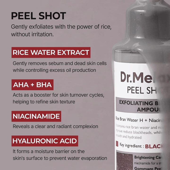 Dr.Melaxin Peel Shot Black Rice Ampoule met rijstwaterextract, AHA BHA, niacinamide en hyaluronzuur voor exfoliatie en porieverfijning