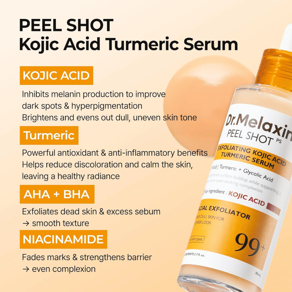 Exfoliërend serum met kojic acid en kurkuma dat in de huid wordt gemasseerd om hyperpigmentatie te verminderen en glans te geven