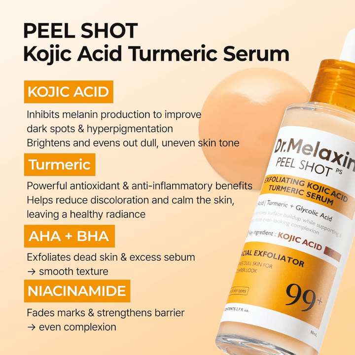 Exfoliërend serum met kojic acid en kurkuma dat in de huid wordt gemasseerd om hyperpigmentatie te verminderen en glans te geven
