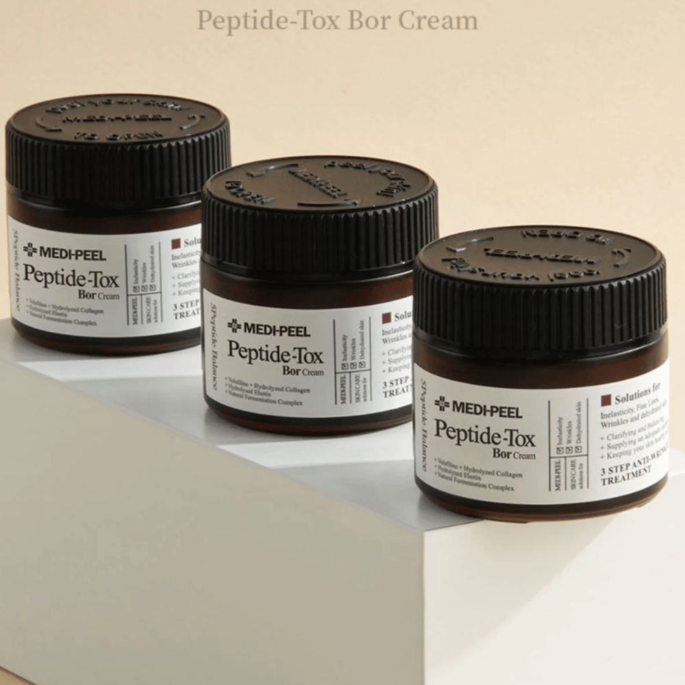 MEDI-PEEL Peptide-Tox Bor Cream in groep – anti-age gezichtscrème met peptidencomplex en collageen die de huidbarrière versterken en zorgen voor een stevigere, veerkrachtigere huid.