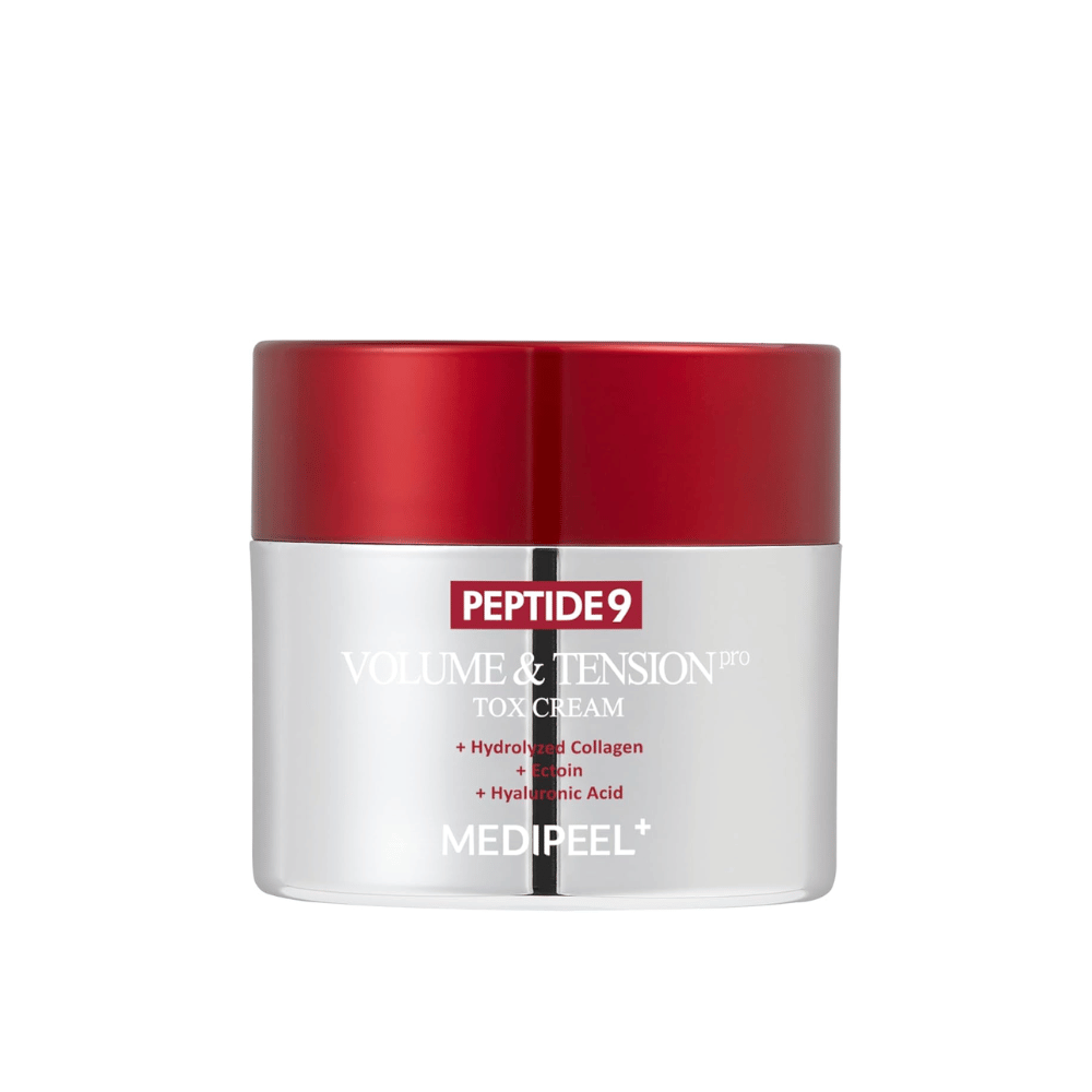 MEDI-PEEL Peptide 9 Volume & Tension Tox Cream in een zilveren pot met een rode dop. Een anti-aging crème met peptiden en collageen die de elasticiteit van de huid versterkt.