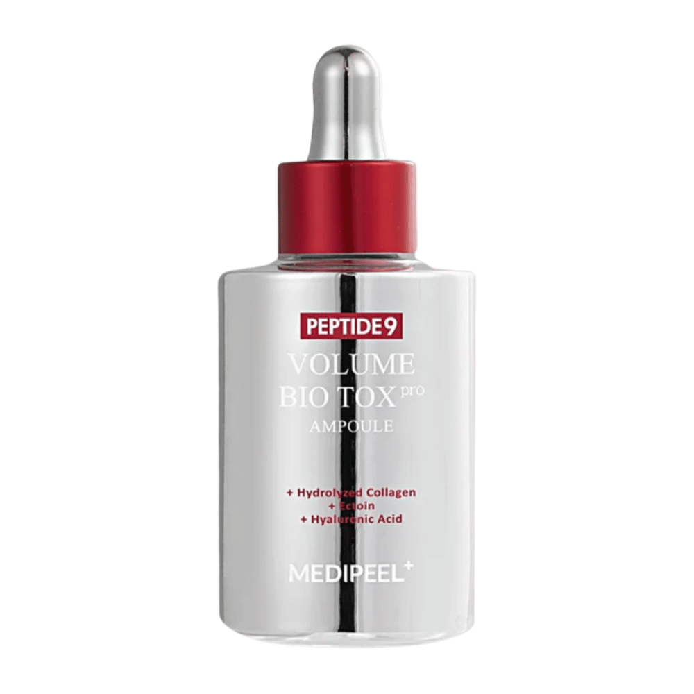 MEDI-PEEL Peptide 9 Volume Bio Tox Pro Ampoule in zilveren fles met rode pipet. Een anti-aging serum dat stevigheid, volume en intense hydratatie biedt.