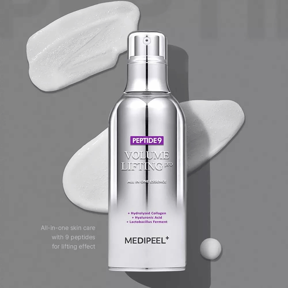 Medi-Peel Peptide 9 Volume Lifting All In One Essence Pro – Koreaanse essence met peptiden, collageen en hyaluronzuur die helpen om de huid te hydrateren en de elasticiteit van de huid te verbeteren.