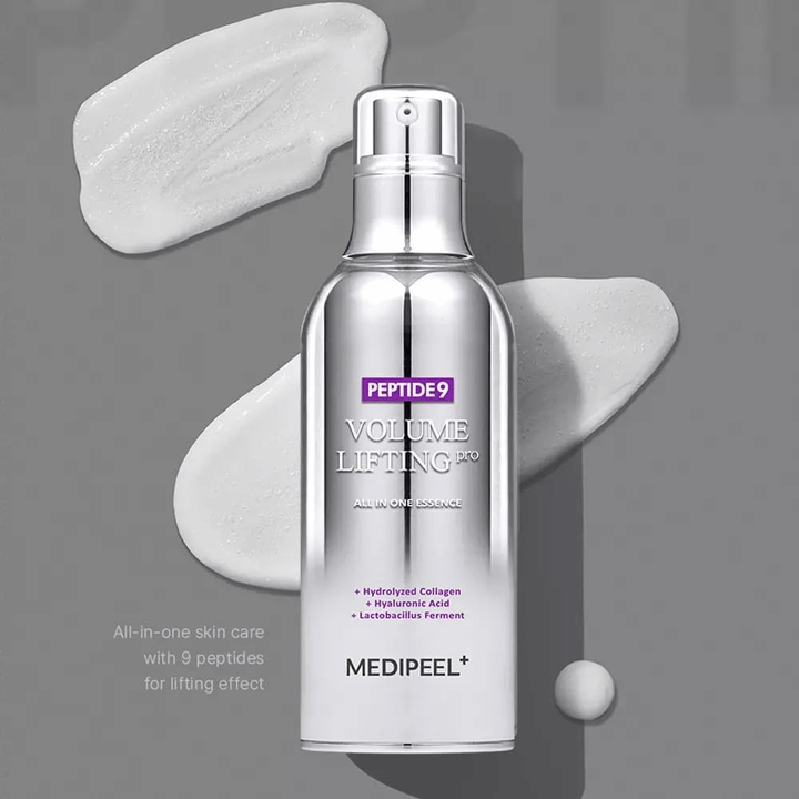 Medi-Peel Peptide 9 Volume Lifting All In One Essence Pro – Koreaanse essence met peptiden, collageen en hyaluronzuur die helpen om de huid te hydrateren en de elasticiteit van de huid te verbeteren.