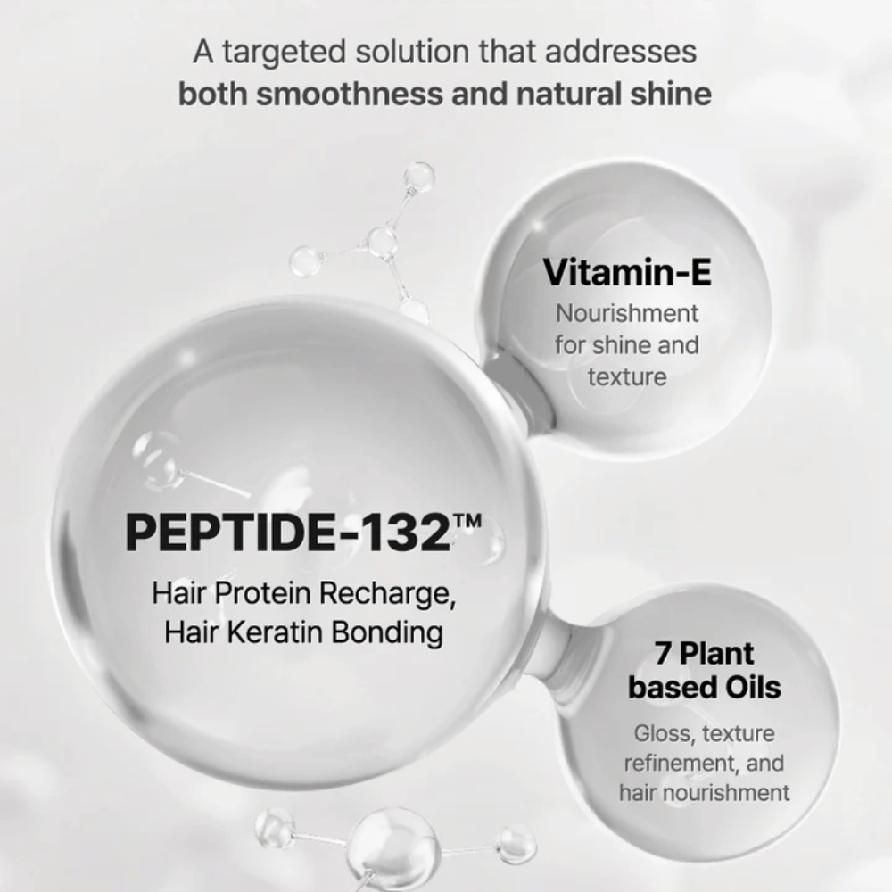 Belangrijkste ingrediënten in COSRX Peptide 132 Serum – peptiden, vitamine E en 7 plantaardige oliën die het haar versterken en verzorgen.