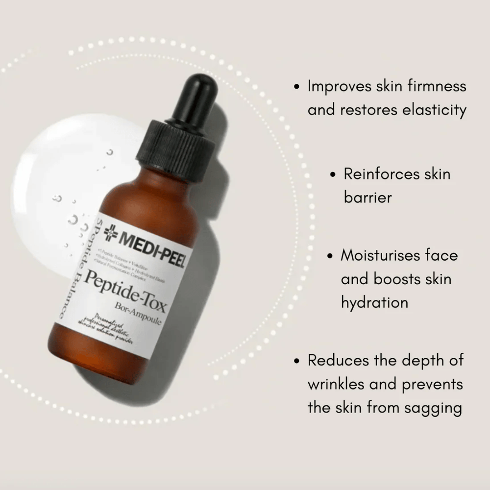 MEDI-PEEL Peptide-Tox Bor Ampoule – Koreaans gezichtserum met peptiden dat de stevigheid van de huid verbetert, de huidbarrière versterkt, diep hydrateert en zichtbare rimpels vermindert.