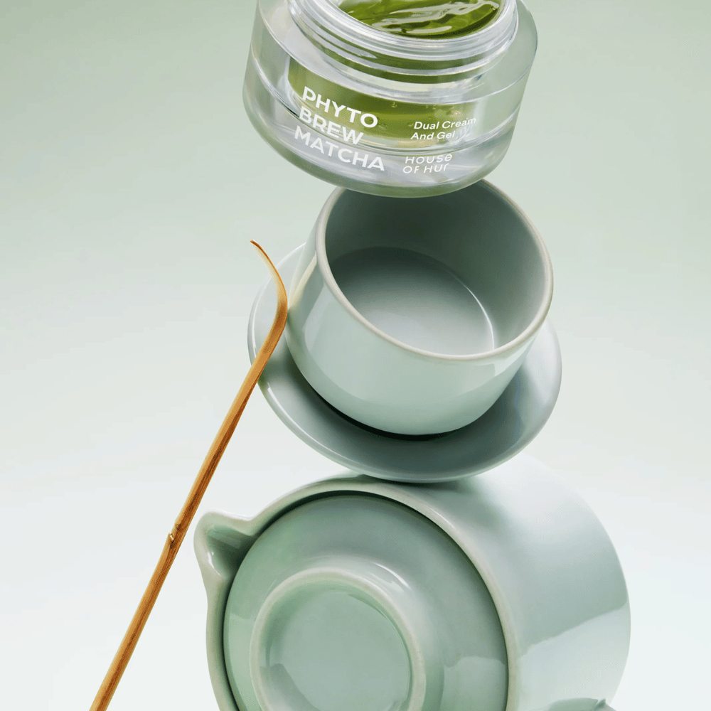 House of Hur matcha crème met unieke tweedelige formule die lichte gel en voedende crème combineert voor aangepaste huidverzorging
