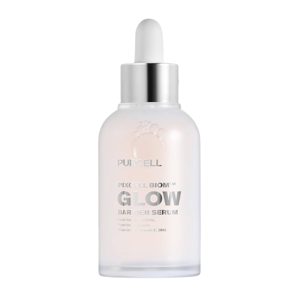 Productafbeelding van PURCELL Pixcell Biom Glow Barrier Serum in een matglazen fles met pipet - versterkt de huidbarrière en geeft een natuurlijke glans.