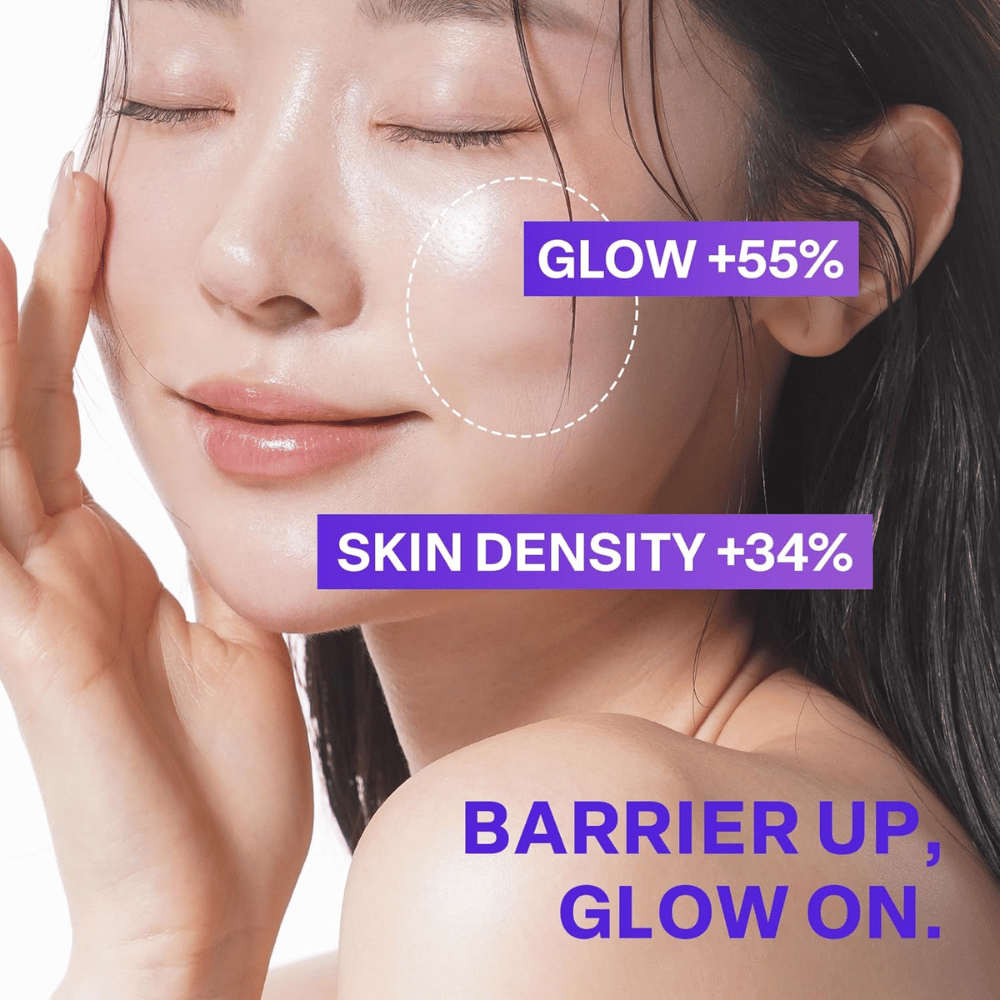 Close-up van een vrouw met stralende huid na gebruik van PURCELL Pixcell Biom Glow Barrier Serum. De huidglans neemt met 55% toe en de dichtheid met 34%.