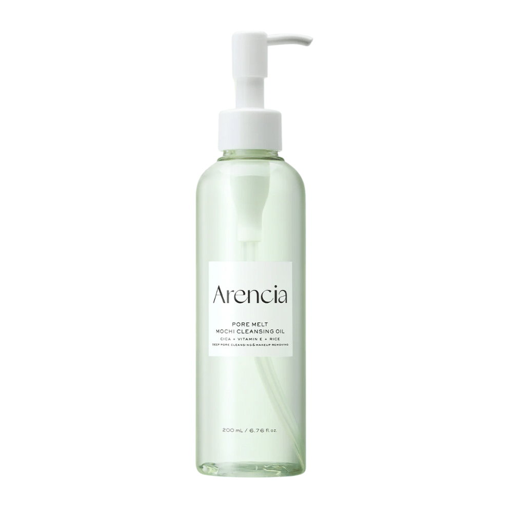 Arencia Pore Melt Mochi Cleansing Oil in volledig beeld tegen een witte achtergrond, Koreaanse olierreiniger met pompflacon die poriën reinigt en make-up verwijdert zonder irritatie.
