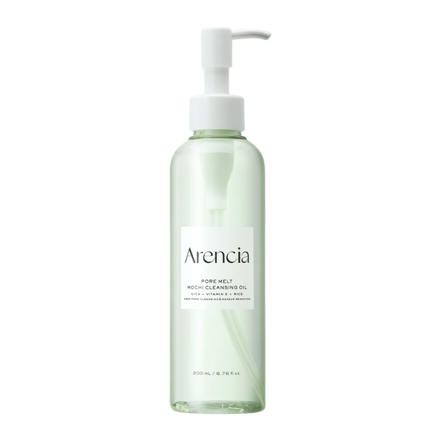 Arencia Pore Melt Mochi Cleansing Oil in volledig beeld tegen een witte achtergrond, Koreaanse olierreiniger met pompflacon die poriën reinigt en make-up verwijdert zonder irritatie.