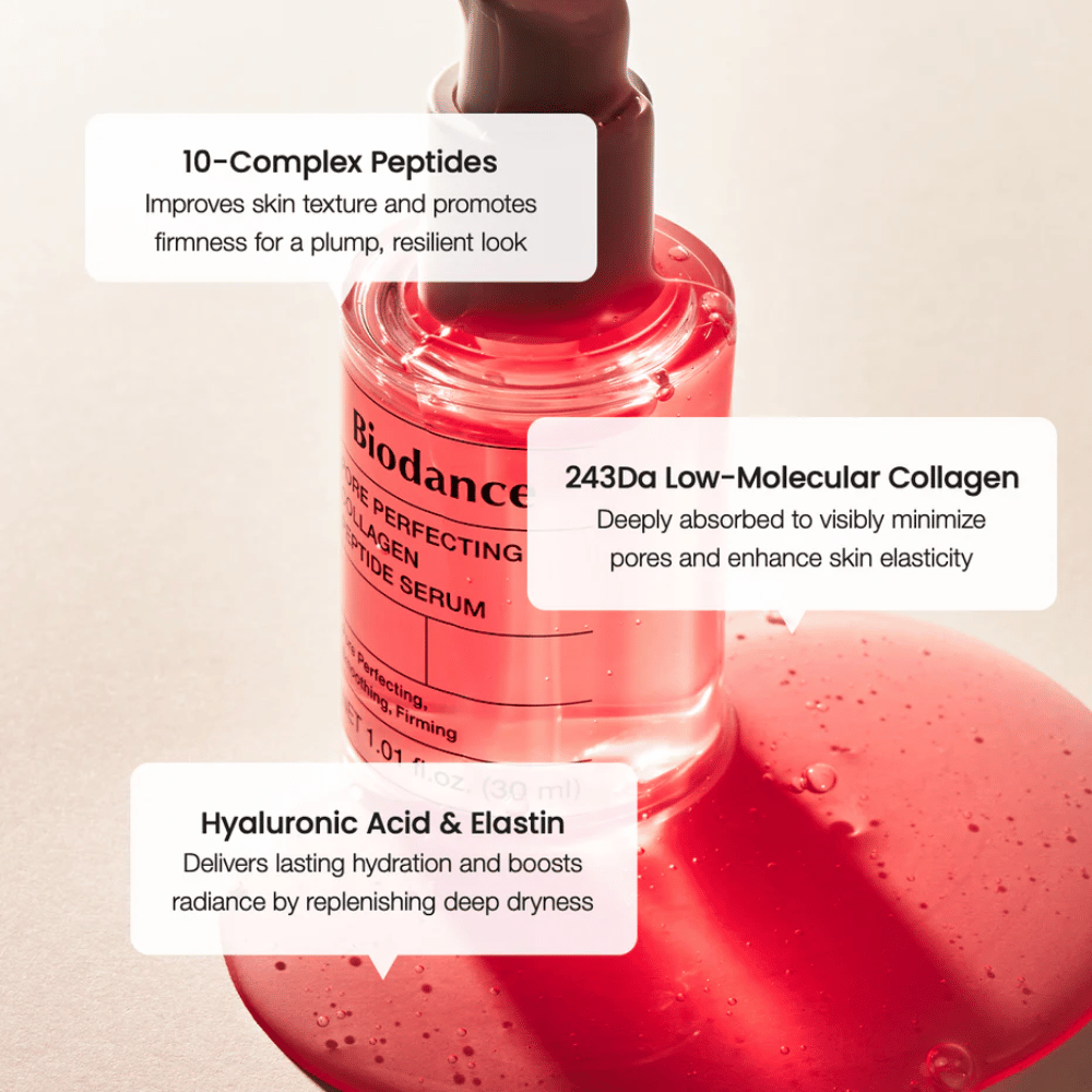 Biodance Pore Perfecting Collagen Peptide Serum met peptiden, collageen en hyaluronzuur voor stevigere huid.