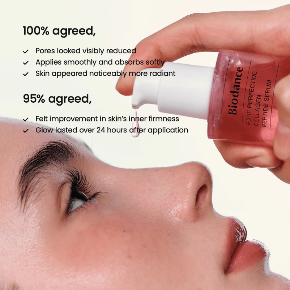 Biodance Collageen Peptide Serum wordt op het gezicht aangebracht – verstevigend serum voor verkleinde poriën en verhoogde glans.