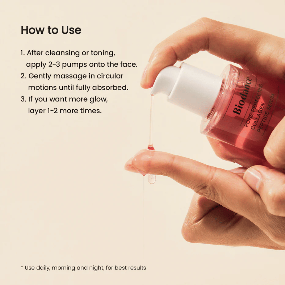 Biodance Pore Perfecting Collagen Peptide Serum wordt aangebracht – porieverkleinend serum met collageen en peptiden.