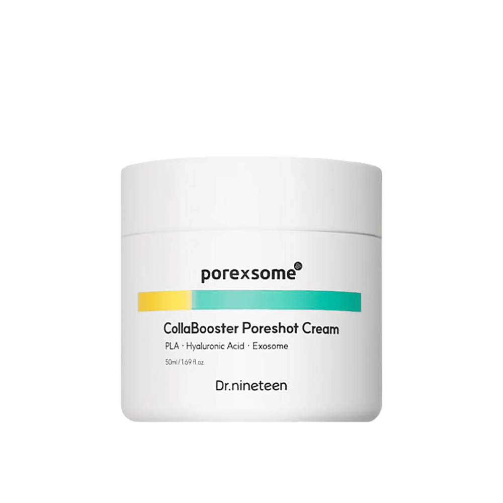 Productafbeelding van Porexsome CollaBooster Poreshot Cream in witte pot met kleurdetaillering in geel en turkoois. Een porieverfijnende en hydraterende gezichtscrème.