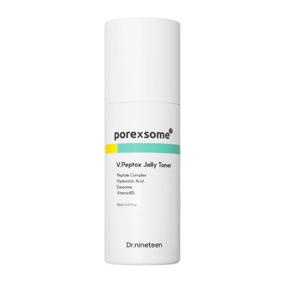 Productafbeelding van Dr.nineteen Porexsome V.Peptox Jelly Toner in een witte fles. Een hydraterende toner met peptiden, exosomen en vitamine B5.