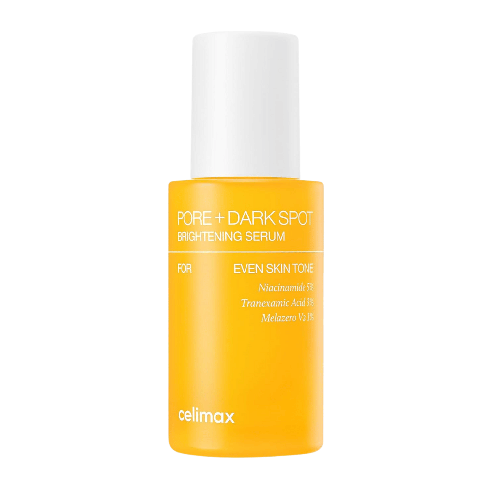 Celimax Pore + Dark Spot Brightening Serum in een staande gele fles met witte dop, bevat niacinamide, tranexaminezuur en Melazero.