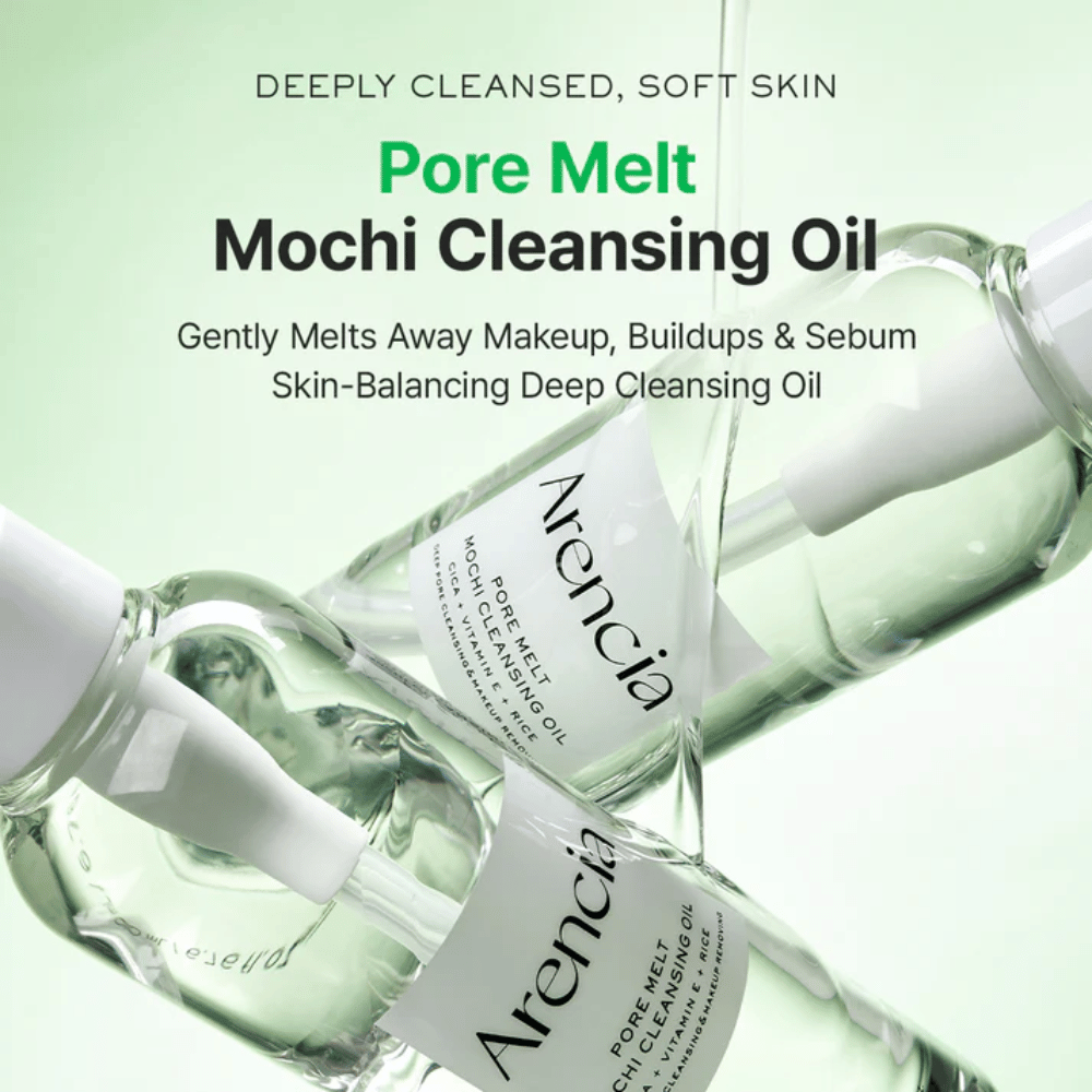 Productafbeelding met voordelen voor Arencia Pore Melt Mochi Cleansing Oil, smelt make-up en talg weg, ondersteunt de huidbarrière en laat de huid zacht achter zonder strakheid.