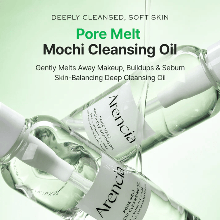 Productafbeelding met voordelen voor Arencia Pore Melt Mochi Cleansing Oil, smelt make-up en talg weg, ondersteunt de huidbarrière en laat de huid zacht achter zonder strakheid.