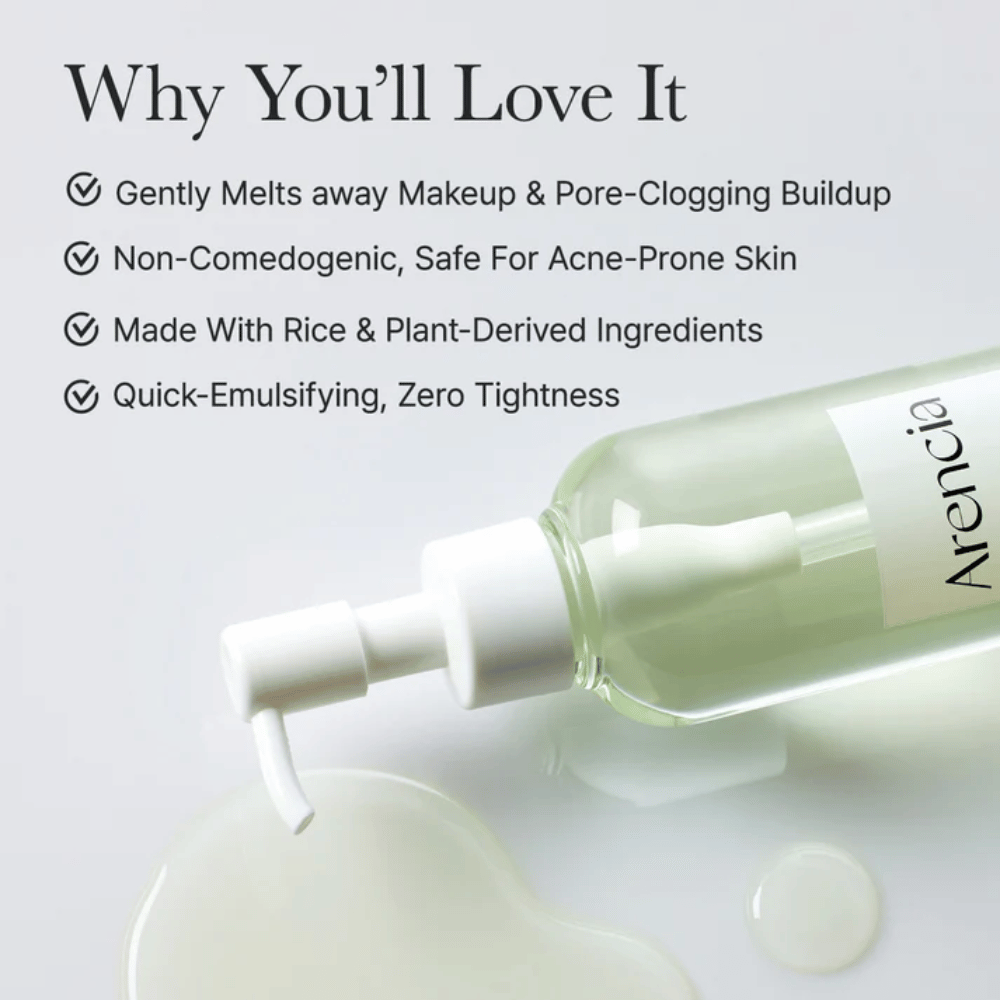 Informatieafbeelding over Arencia Pore Melt Mochi Cleansing Oil die 100% porie-vriendelijk en niet-comedogeen is, ontworpen voor de gevoelige en acnegevoelige huid.
