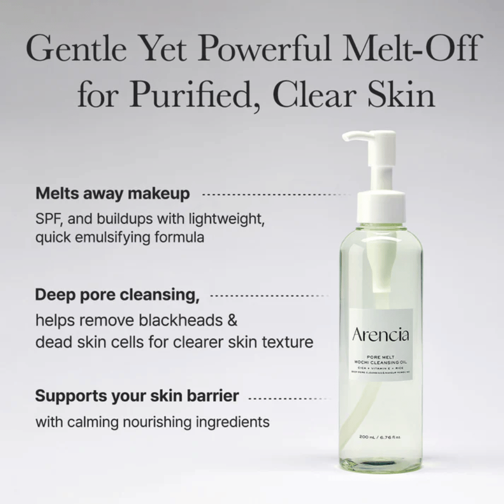 Arencia Pore Melt Mochi Cleansing Oil in volledig beeld met tekst over diepreiniging, lost make-up, SPF en onzuiverheden op terwijl de vochtbalans van de huid behouden blijft.