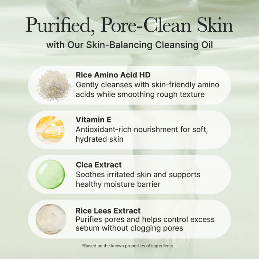 Ingrediëntenoverzicht voor Arencia Pore Melt Mochi Cleansing Oil met rijst aminozuur, vitamine E, cica-extract en rijstleesextract voor zachte reiniging en versterkte huidbarrière.