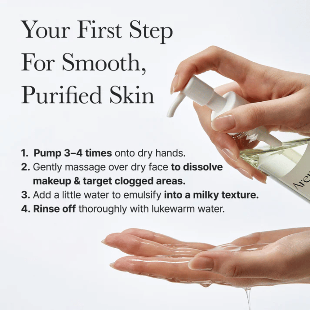 Instructieafbeelding die laat zien hoe Arencia Pore Melt Mochi Cleansing Oil wordt gebruikt als eerste stap in de reinigingsroutine voor een gladdere, schonere en meer gebalanceerde huid.