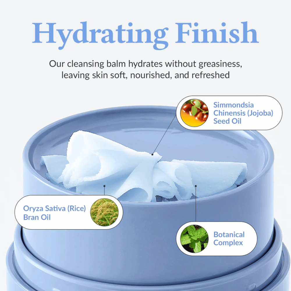 Dr.Althea Pore Refresh Grinding Cleansing Balm met de tekst "Hydrating Finish" erboven. Het product bevat Simmondsia Chinensis (Jojoba) Zaadolie, Oryza Sativa (Rijst) Zemelenolie, en een botanisch complex. De crème geeft een hydraterend effect zonder vettig aan te voelen, waardoor de huid zacht, gevoed en fris aanvoelt.