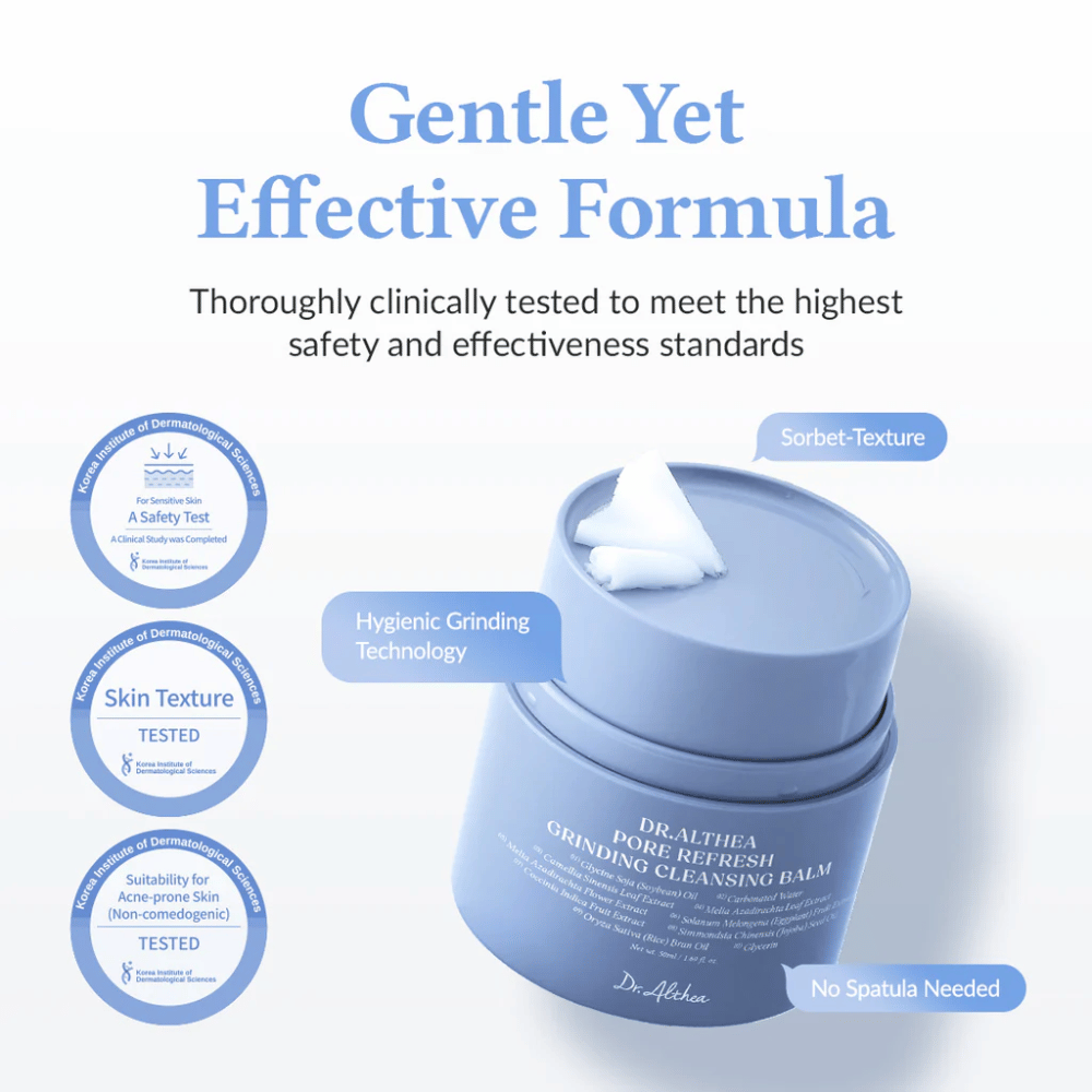 Dr.Althea Pore Refresh Grinding Cleansing Balm met de tekst "Gentle Yet Effective Formula" erboven. De pot heeft een sorbettextuur met hygiënische maaltechnologie en vereist geen spatel voor gebruik. Klinisch getest voor de gevoelige huid en acne-gevoelige huid (niet-comedogeen).
