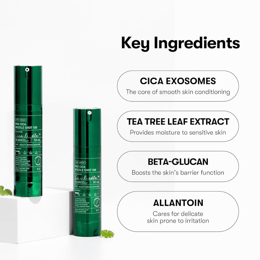 VT Cosmetics Pro Cica Reedle Shot 100 met belangrijke ingrediënten zoals CICA-exosomen, tea tree-extract, beta-glucan en allantoïne voor kalmerende en barrièreversterkende huidverzorging