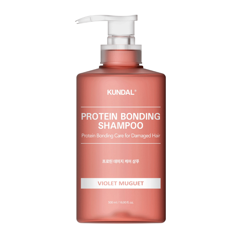 KUNDAL Protein Bonding Shampoo Violet Muguet 500 ml in pompflacon tegen witte achtergrond.