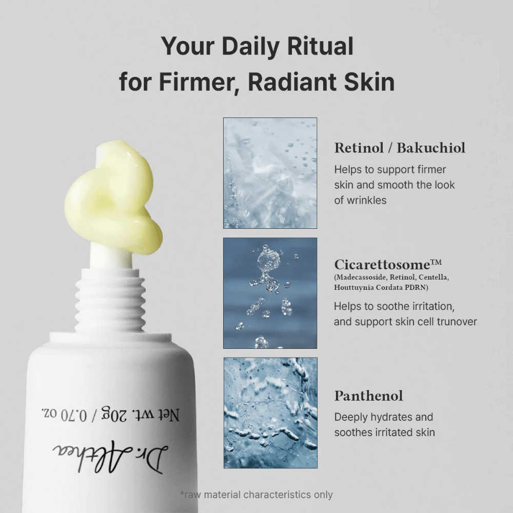 Ingrediëntenafbeelding die enkele van de belangrijkste componenten van het product toont. Retinol en bakuchiol worden gepresenteerd om de stevigheid van de huid te ondersteunen en zichtbare tekenen van veroudering te verminderen, terwijl panthenol helpt de huid te hydrateren en te kalmeren. De afbeelding bevat ook de romige textuur van het product.