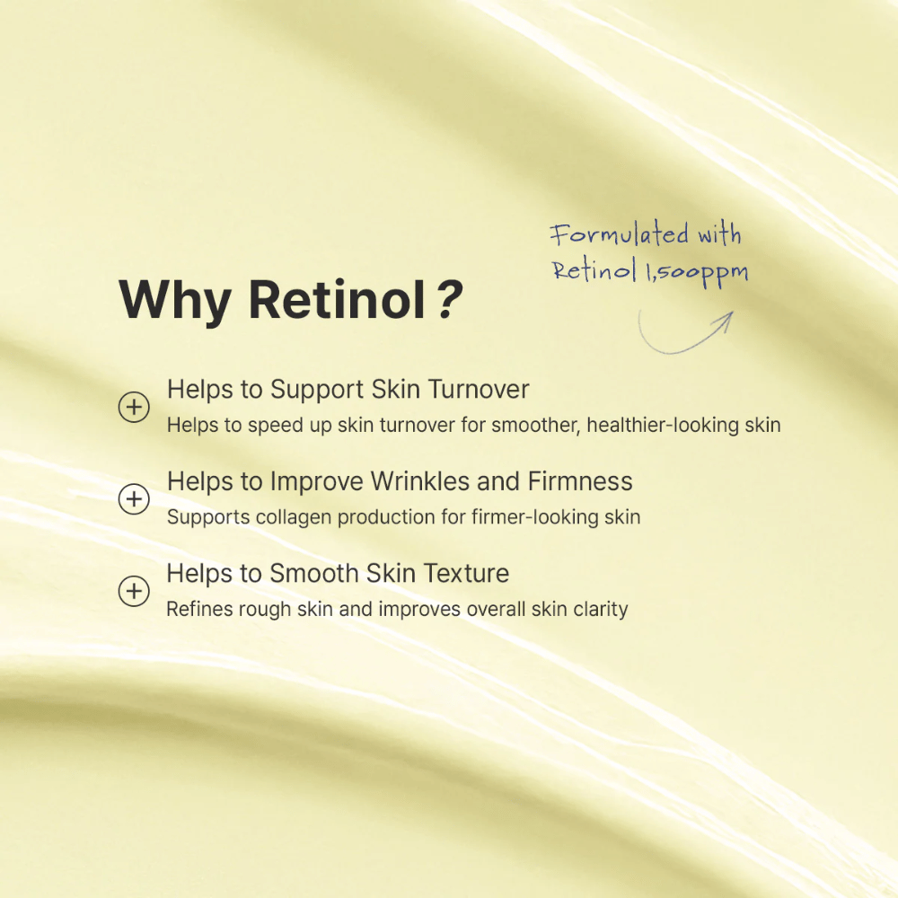 Gidsafbeelding die uitlegt hoe retinol in de huidverzorgingsroutine moet worden geïntroduceerd. De focus ligt op het gebruik van een hoeveelheid ter grootte van een erwt, beginnen met 1–2 keer per week en 's avonds aanbrengen. De afbeelding bevat ook belangrijke informatie over voorzichtigheid tijdens zwangerschap, borstvoeding en mogelijke irritatie.
