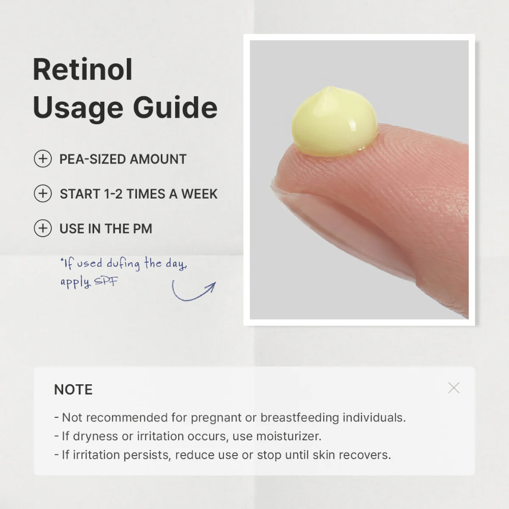 Gidsafbeelding die uitlegt hoe retinol in de huidverzorgingsroutine moet worden geïntroduceerd. De focus ligt op het gebruik van een hoeveelheid ter grootte van een erwt, beginnen met 1–2 keer per week en 's avonds aanbrengen. De afbeelding bevat ook belangrijke informatie over voorzichtigheid tijdens zwangerschap, borstvoeding en mogelijke irritatie.