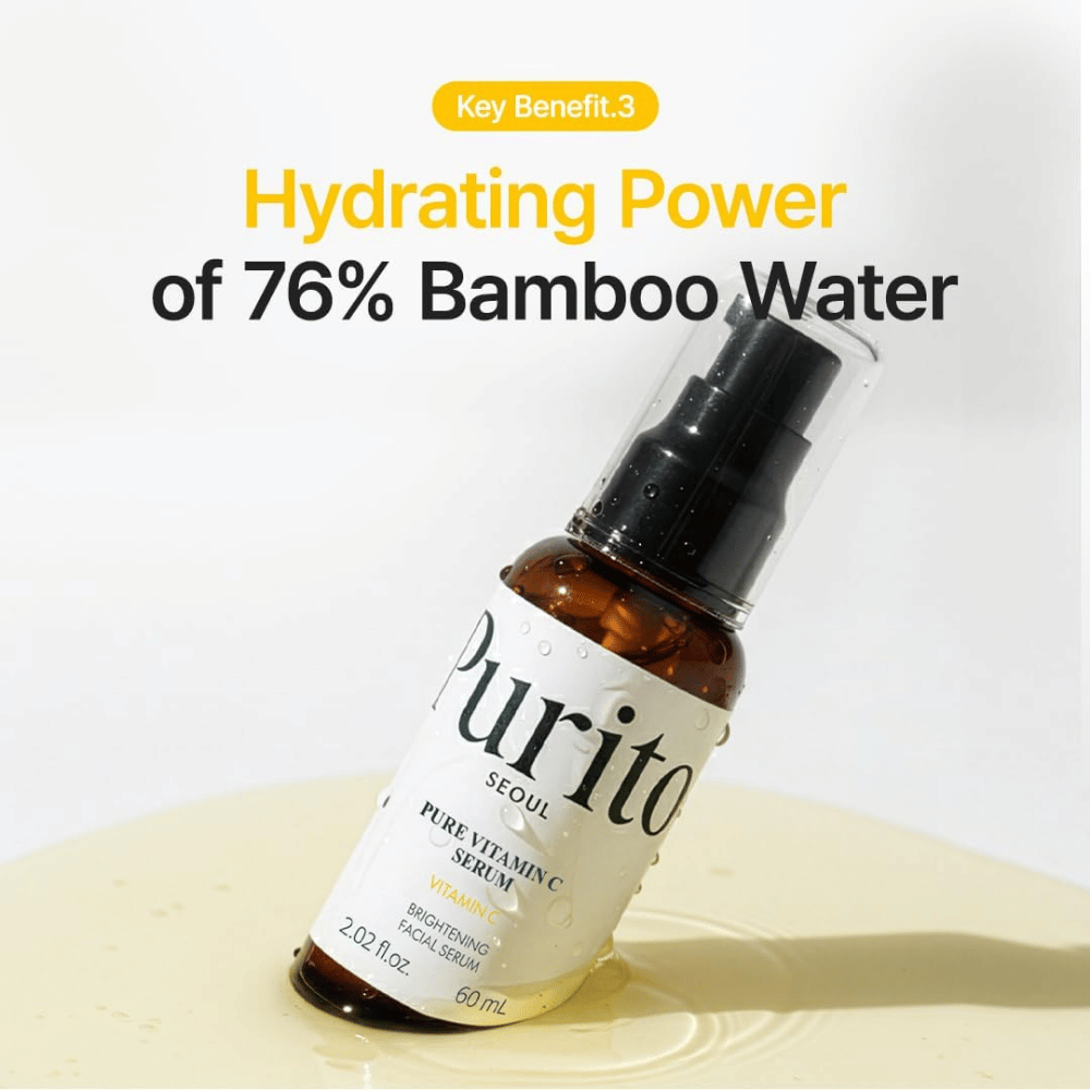 Purito SEOUL Pure Vitamin C Serum met 76% bamboewater dat helpt de huid te hydrateren terwijl het serum glans geeft.
