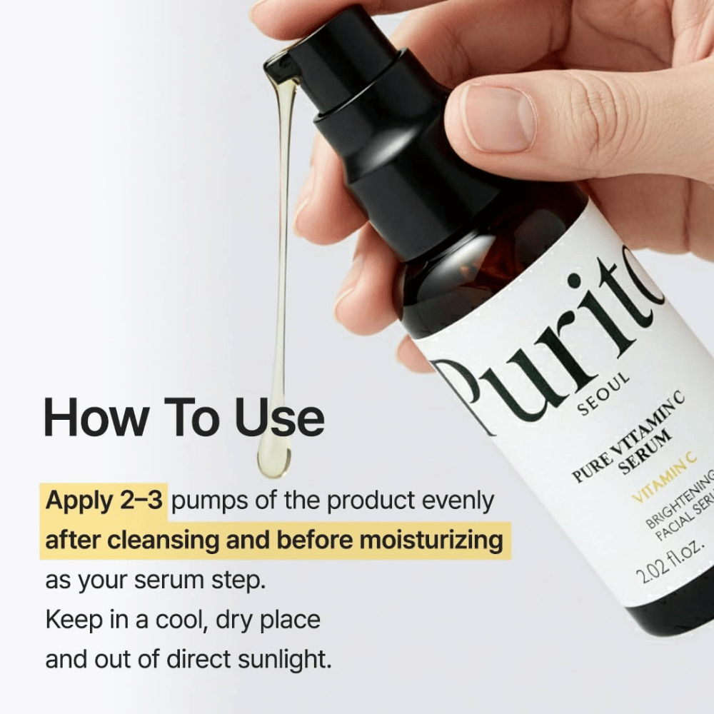 Zo gebruik je Purito SEOUL Pure Vitamin C Serum – breng 2–3 pompjes aan na het reinigen en vóór de gezichtscrème als serumstap in de huidverzorgingsroutine.