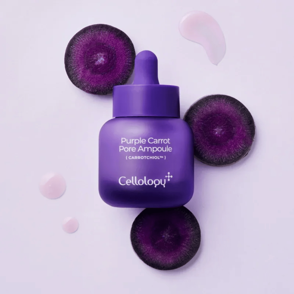 Cellology Purple Carrot Pore Ampoule met paarse wortel en Carrotchiol voor porieverzorging en een gladder huidgevoel.
