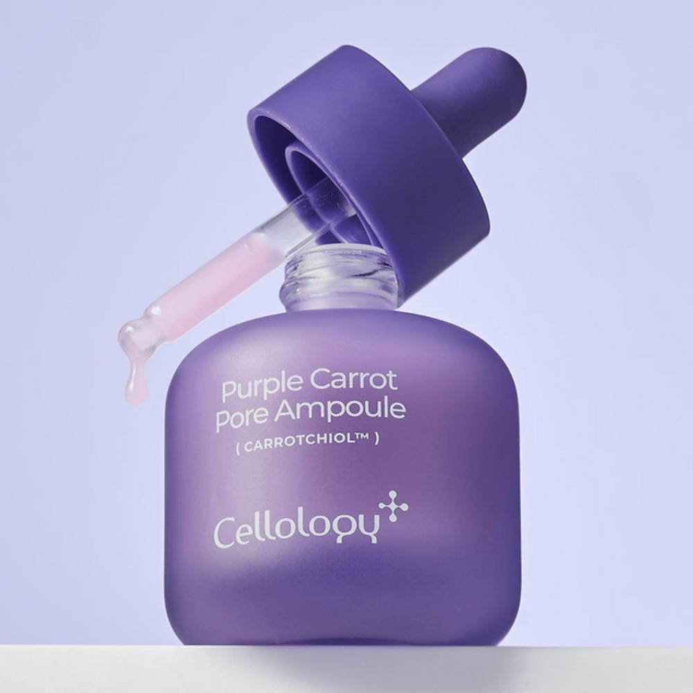 Cellology Purple Carrot Pore Ampoule met pipet die de zachte, romige consistentie van de ampul toont.