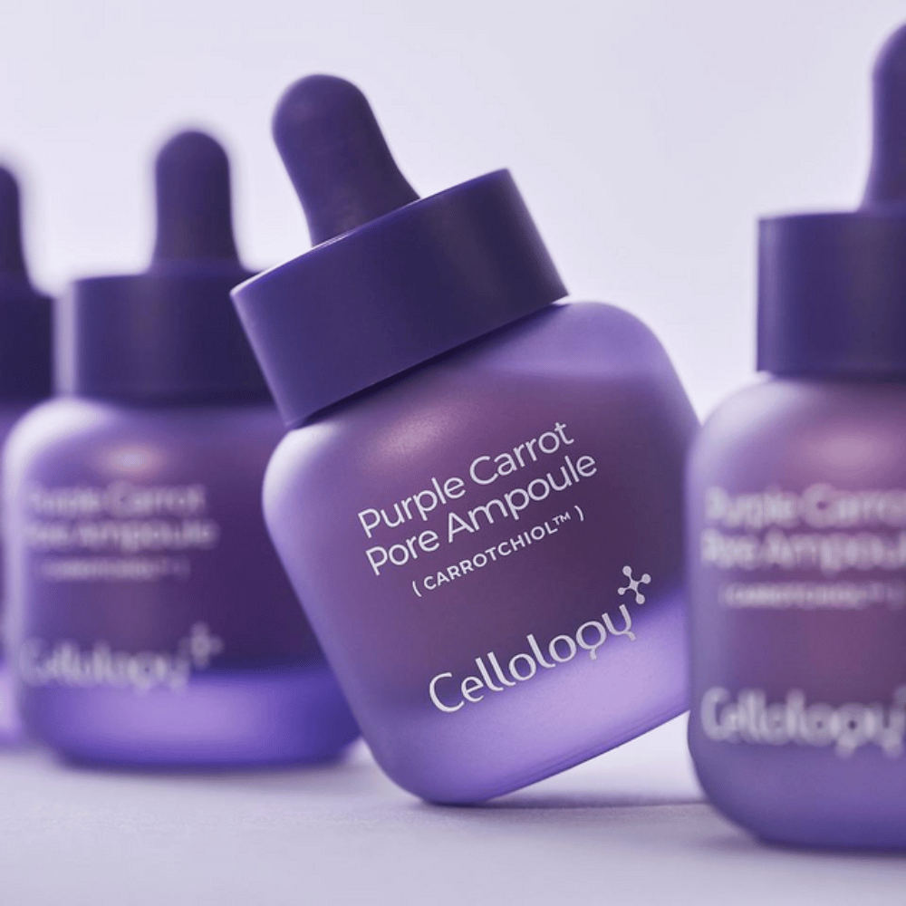 Cellology Purple Carrot Pore Ampoule – Koreaanse huidverzorgingsampul met Carrotchiol voor poriën en een ongelijkmatige huidtextuur.